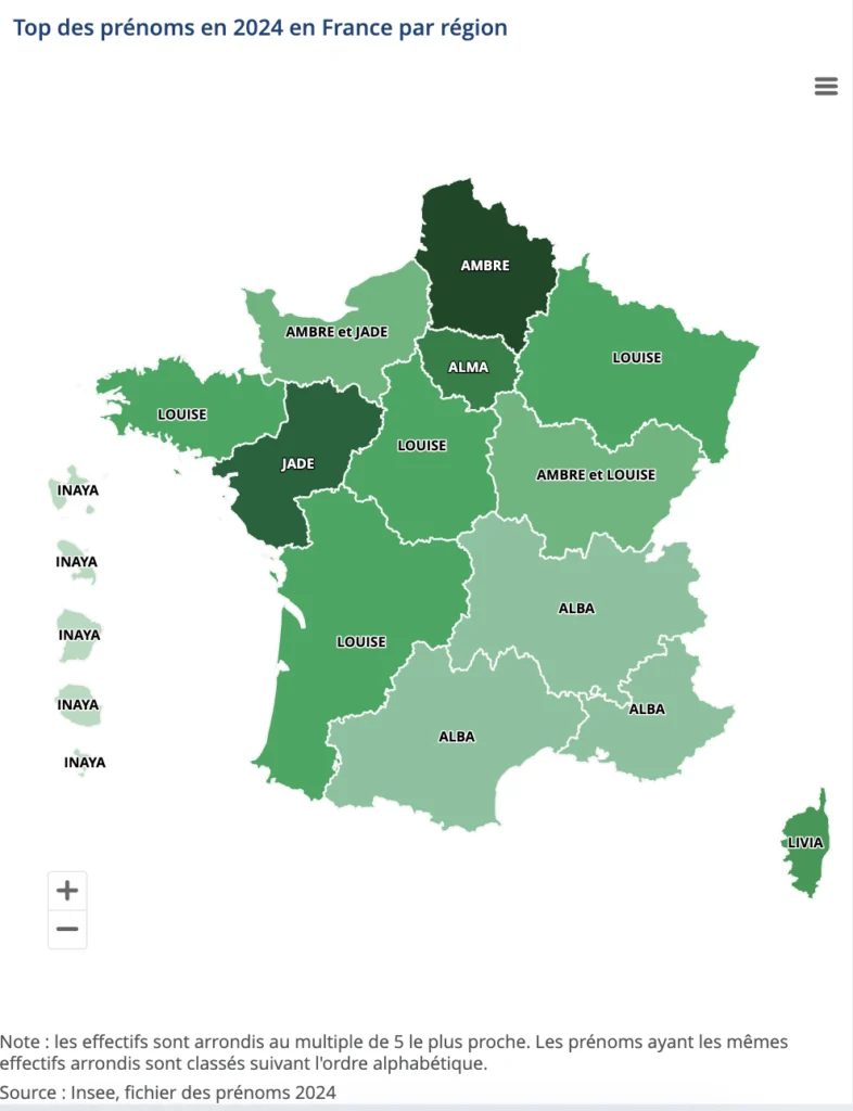 Carte des prénoms filles les plus donnés l'an dernier