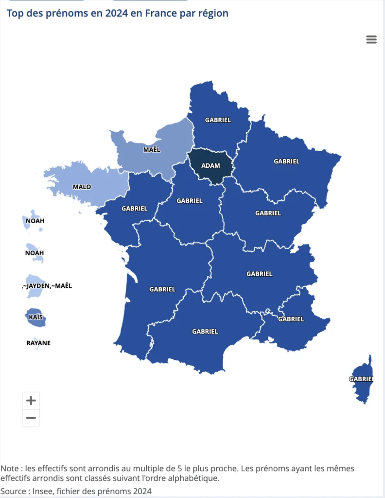 Carte des prénoms garçons les plus donnés en 2024 (Source : Insee)