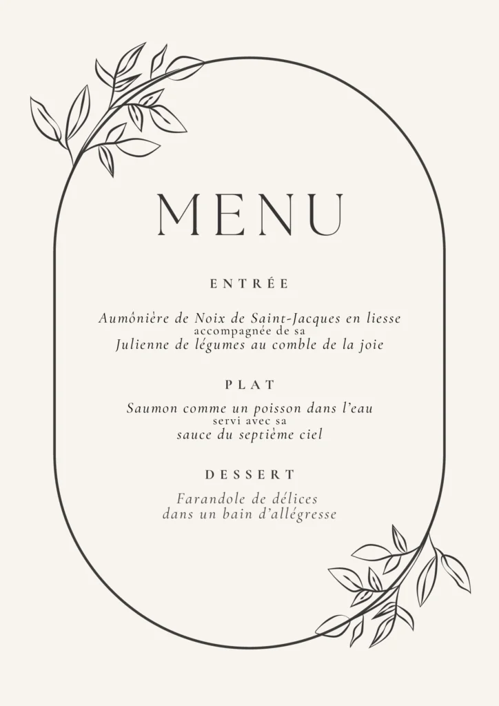Menu de mariage humoristique