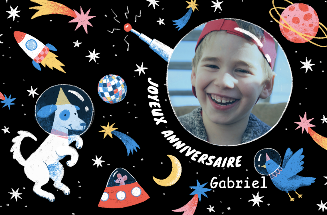 Carte anniversaire enfant sur le thème de l'espace avec le prénom Gabriel