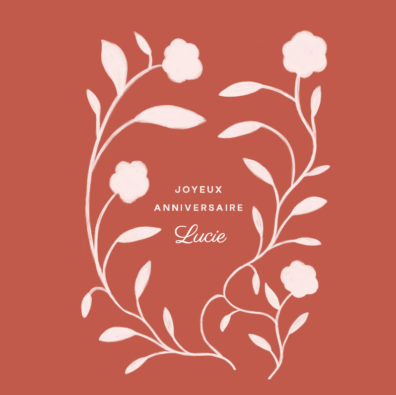 Carte de joyeux anniversaire Lucie, fleurs blanches sur fond rouge