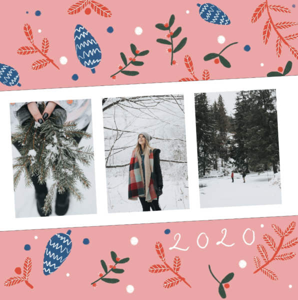 Frohes neues Jahr Karte 2020 rosa Hintergrund mit Tannenzapfen