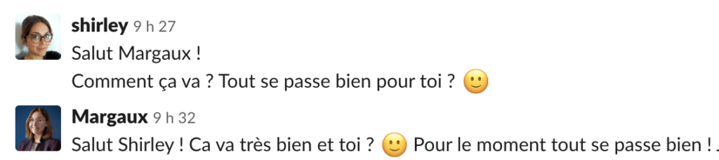 Message de bienvenue envoyé par le parrain ou la marraine pour l'intégration de Margaux chez Fizzer.