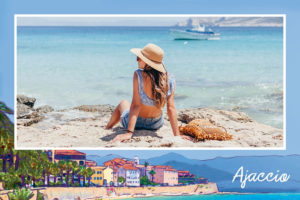 Postcard of Ajaccio with beach and colorful houses