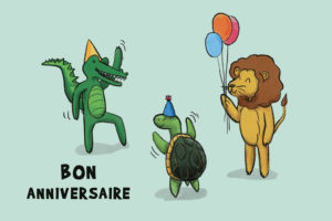 carte postale anniversaire verte avec animaux lion tortue crocodile