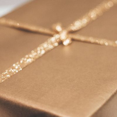 gift wrapped with glitter ribbon