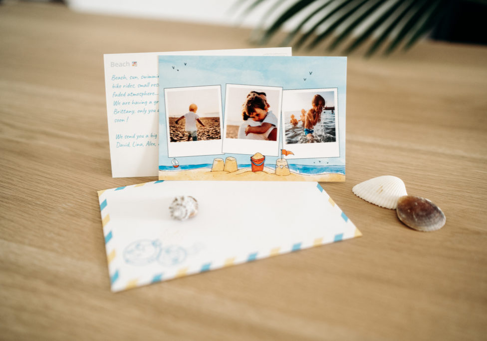 beach card with envelope and shells