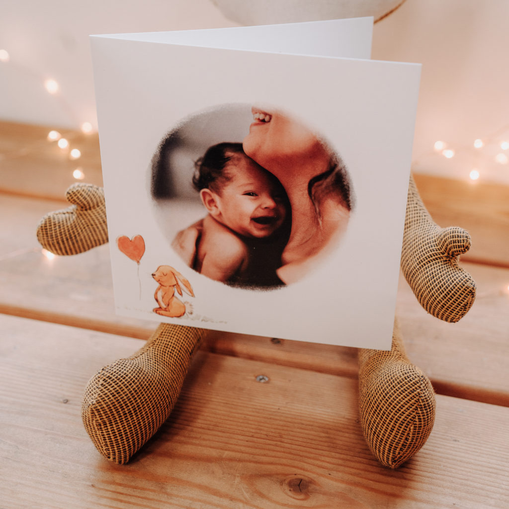 birth card with rabbit and heart