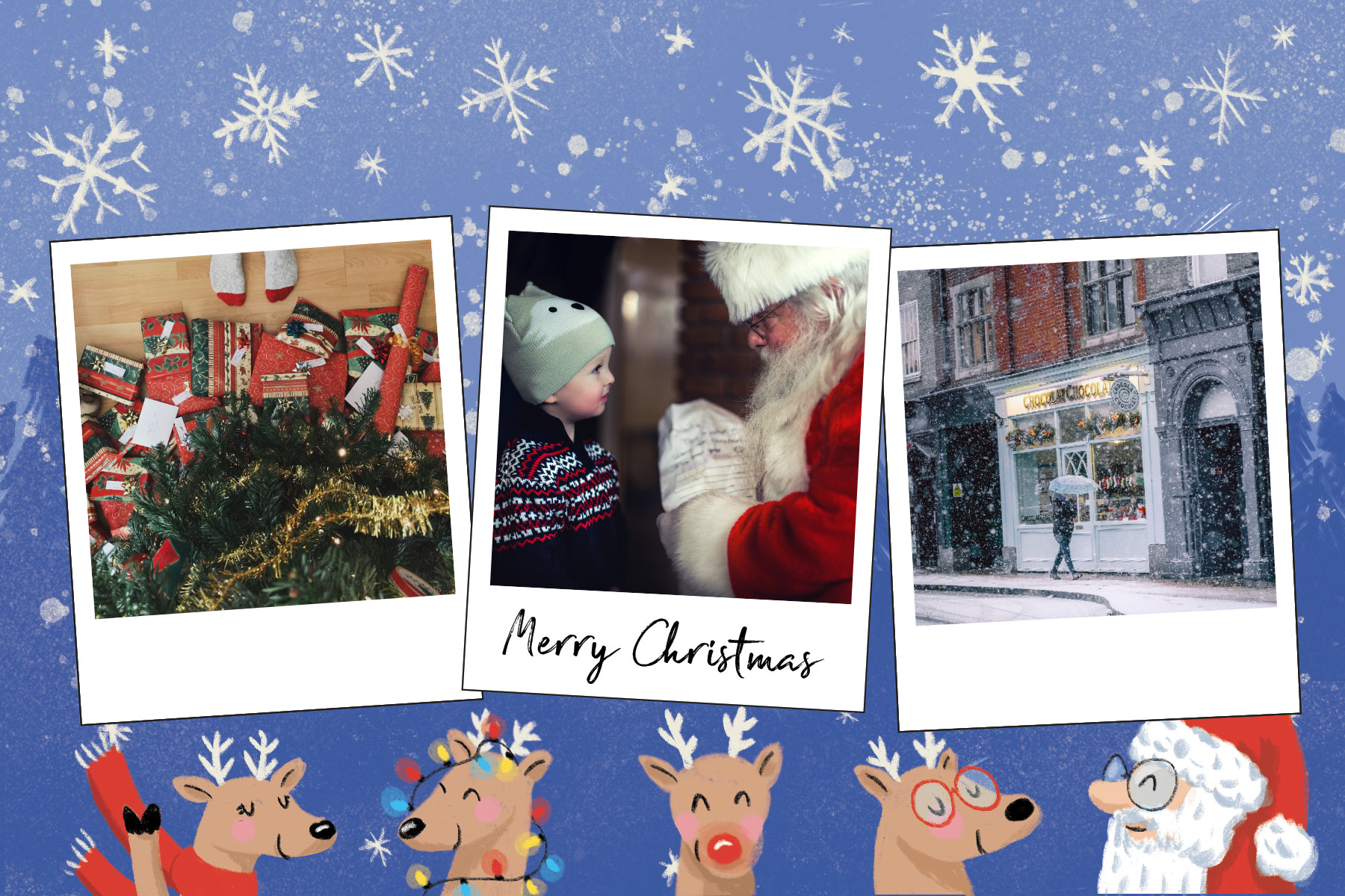Blue Merry Christmas card with reindeer