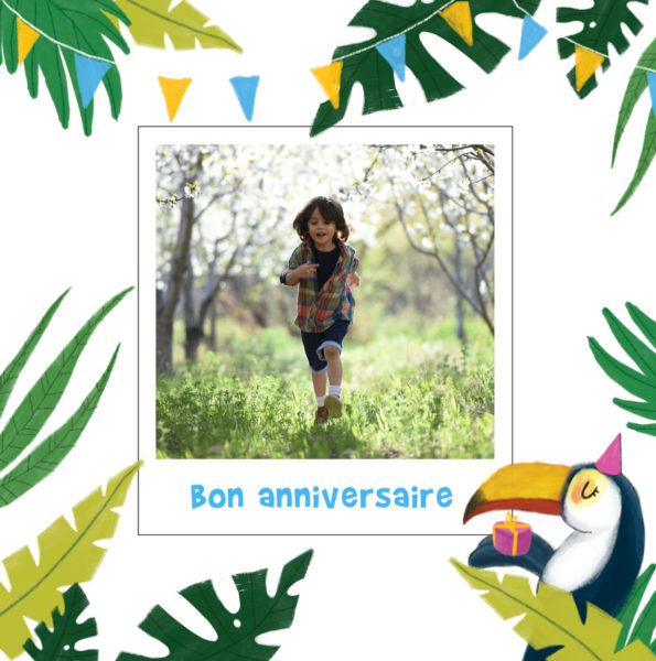 carte bon anniversaire avec jungle et toucan