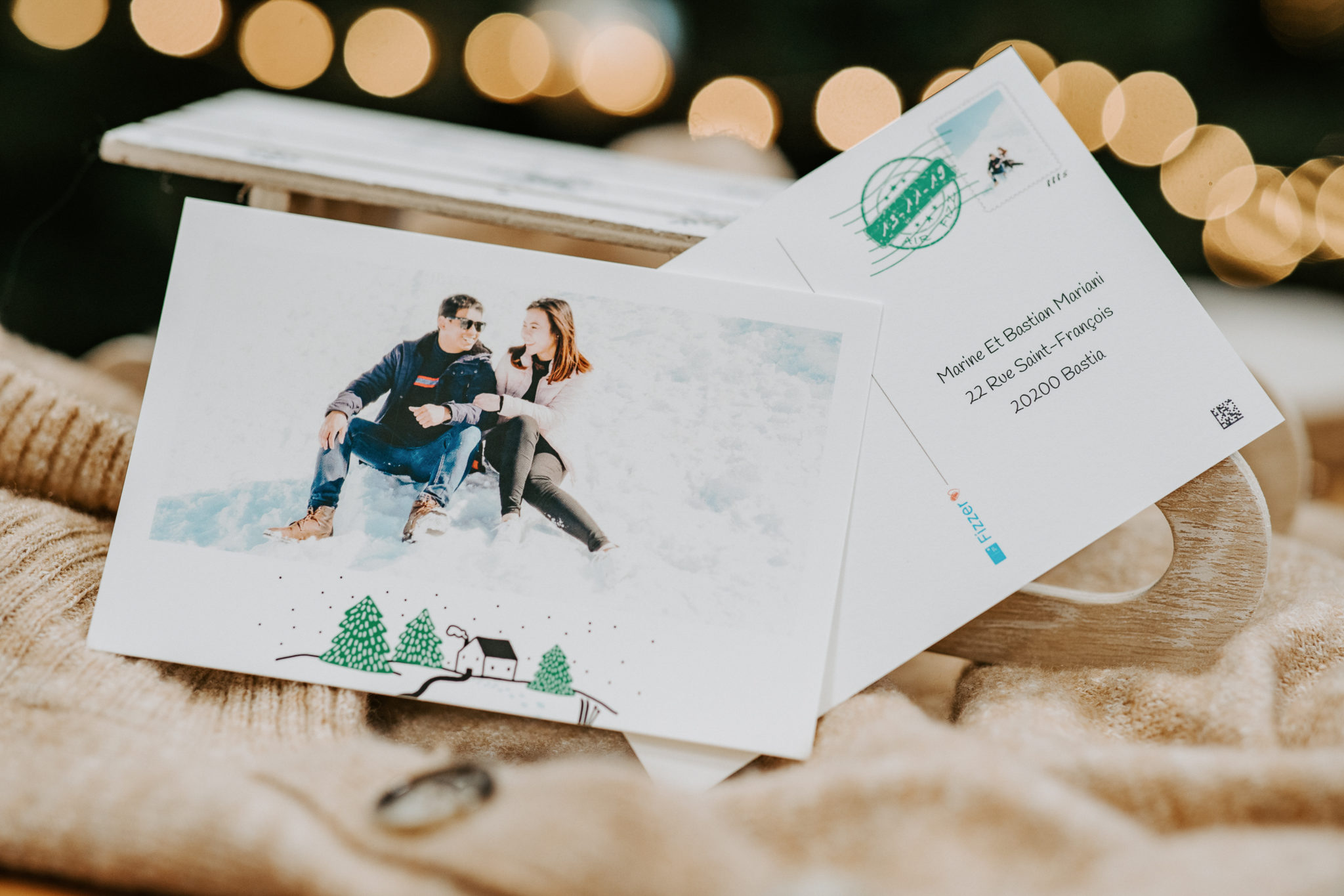 card with couple skiing on both sides