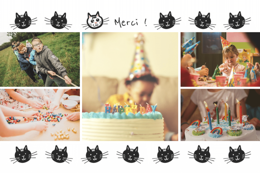 Carte postale de remerciement après un anniversaire pour enfant, thème chat