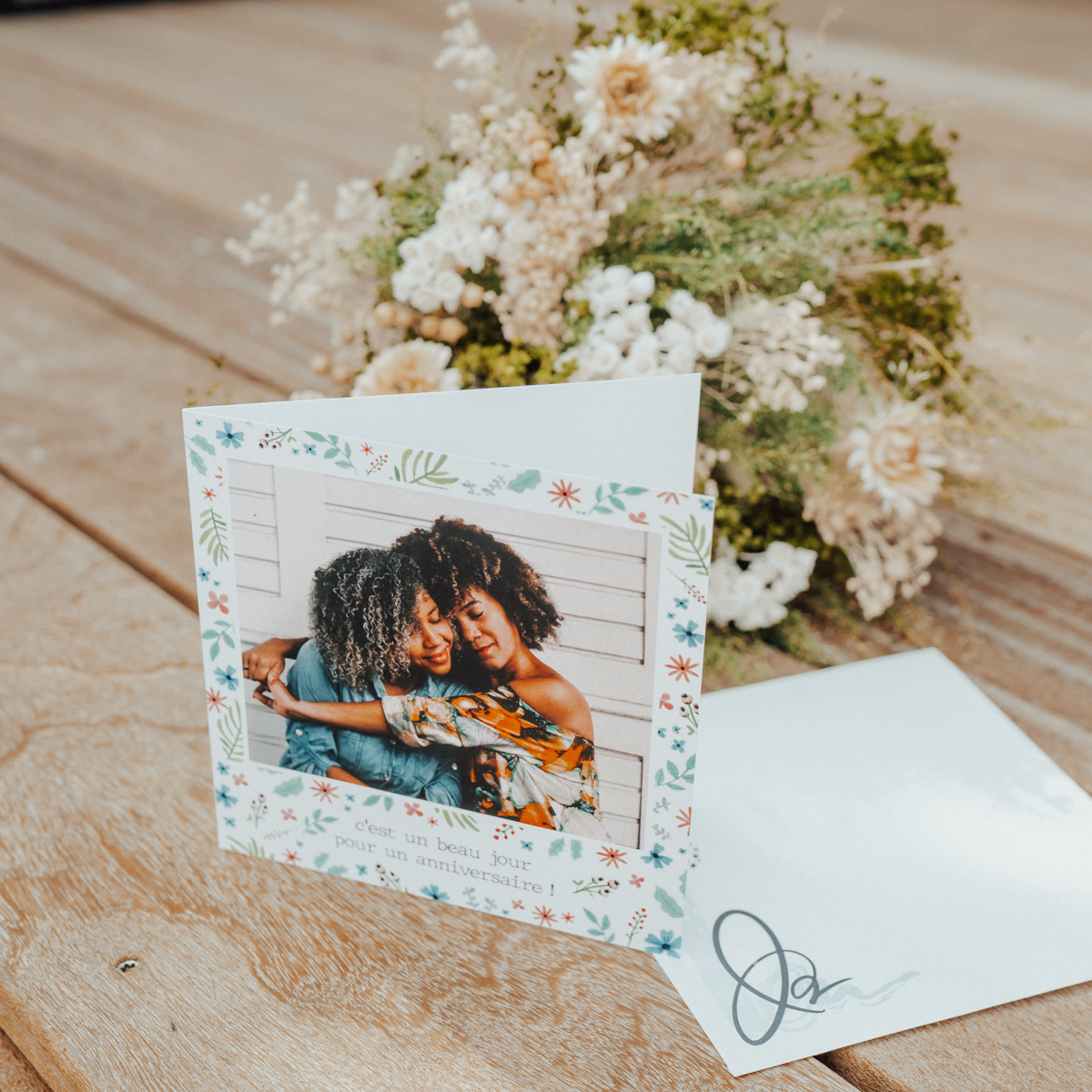 1 Foto-Geburtstagskarte mit Blumen und Umschlag