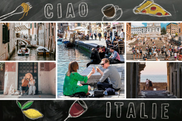 Italien-Postkarte mit Fotos auf schwarzem Hintergrund