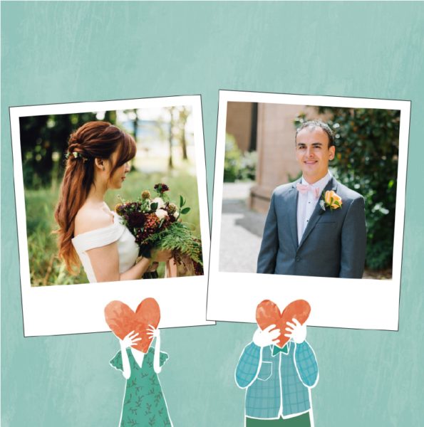 green thank you card couple holding two red hearts