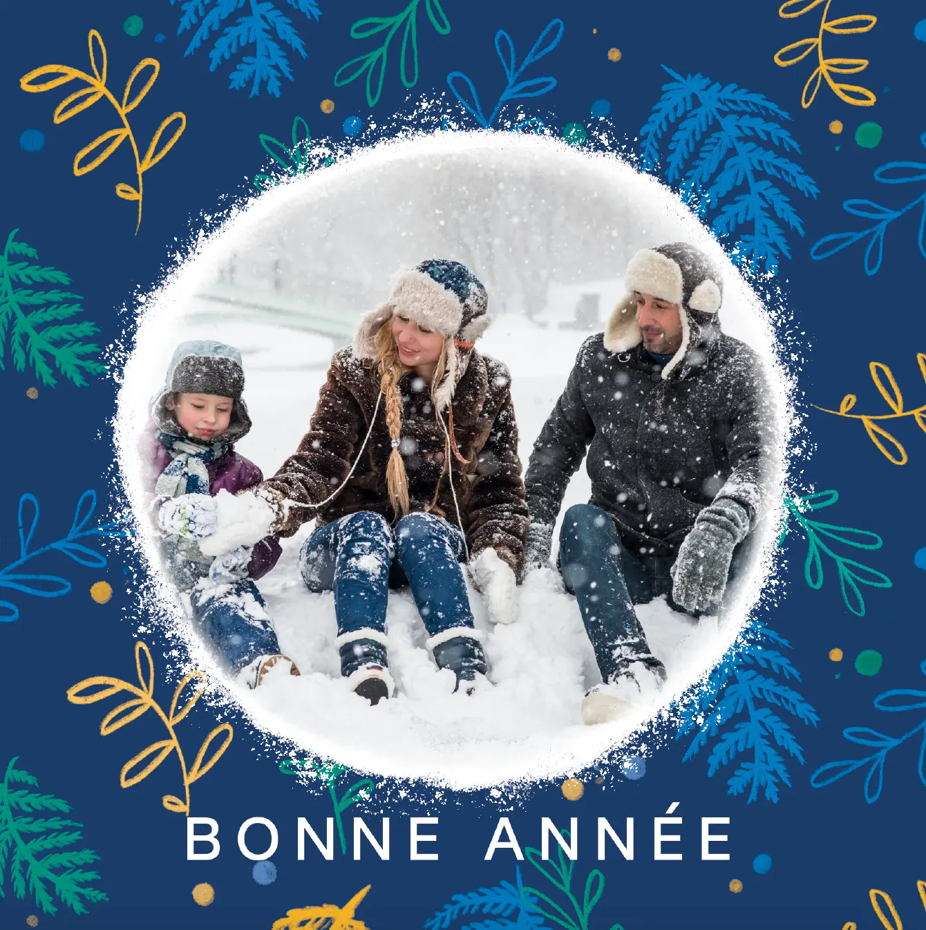 Carte vœux personnalisable, bonne année, étoile neige, familles, photo