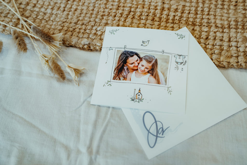 baptism card with mom and daughter photo