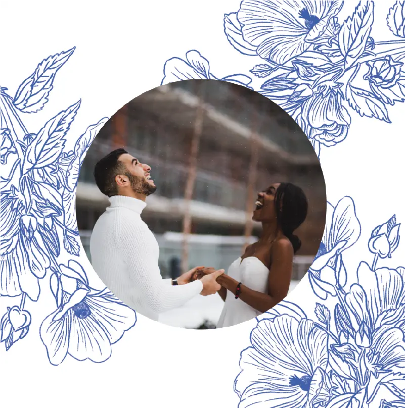 Hochzeitskarte ein rundes Foto mit blauen Blumen