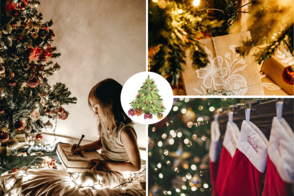 Weihnachtskarte mit Baum und drei Fotos