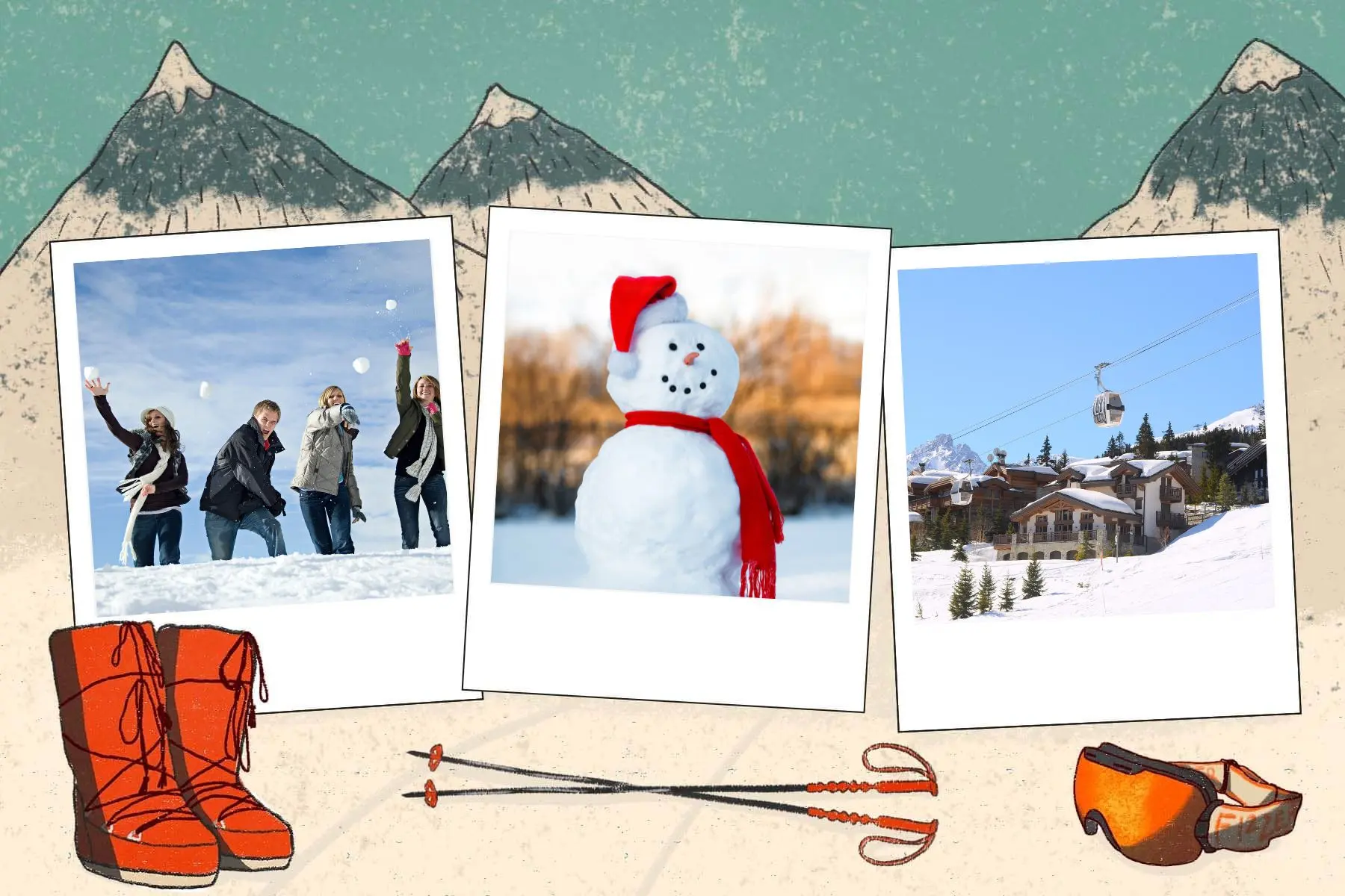 carte postale pour bataille de neige bonhomme de neige et chalet