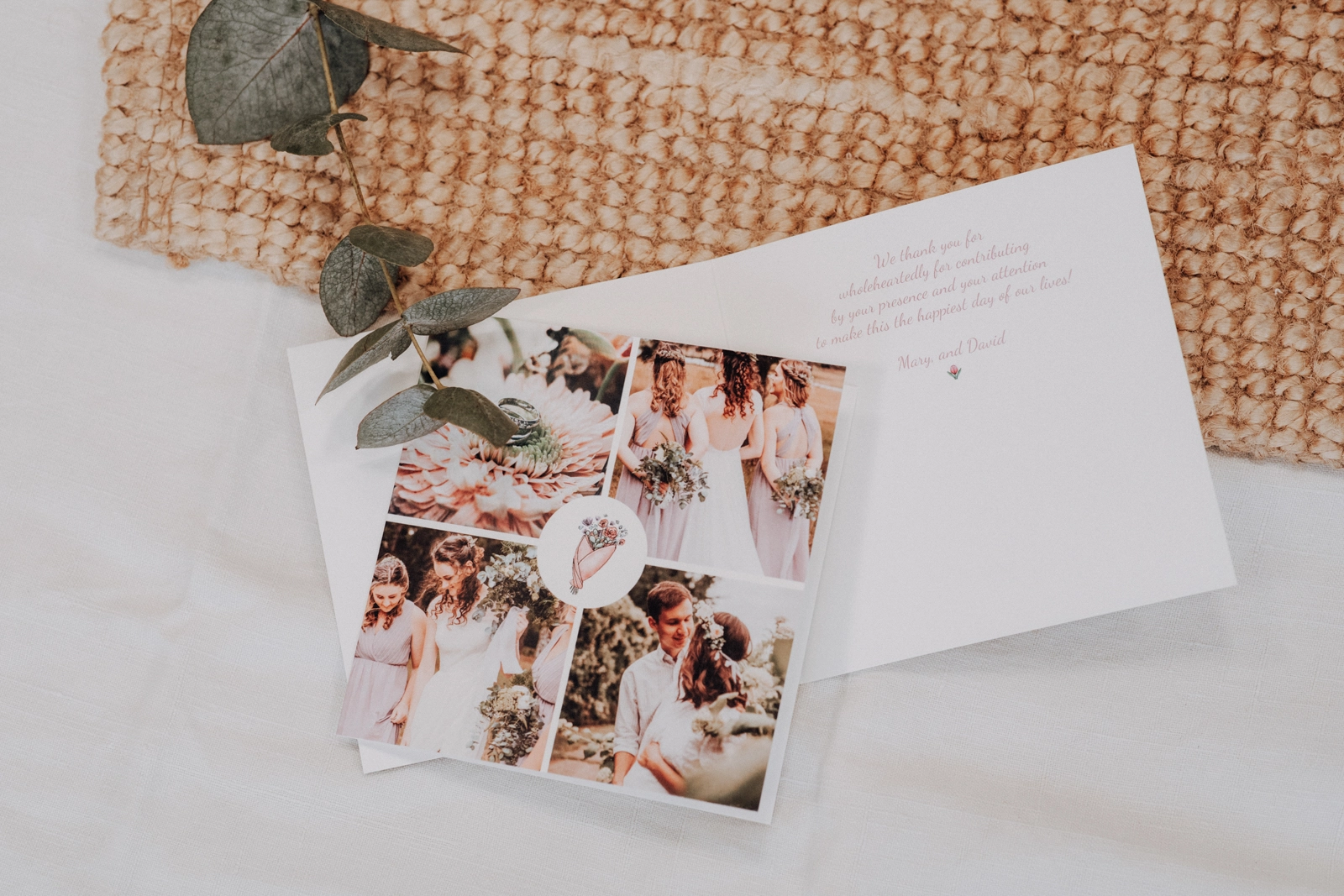 wedding thank you card with photo and bouquet of flowers