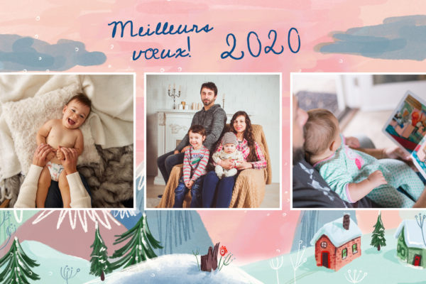 Village enneige sur fond rose meilleurs voeux