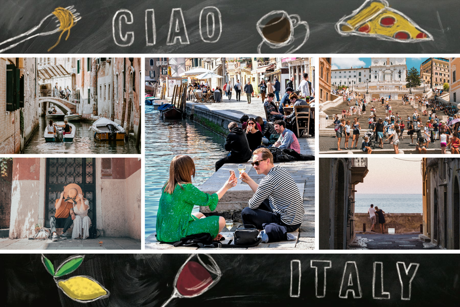 Carte postale Italie avec photos sur fond noir
