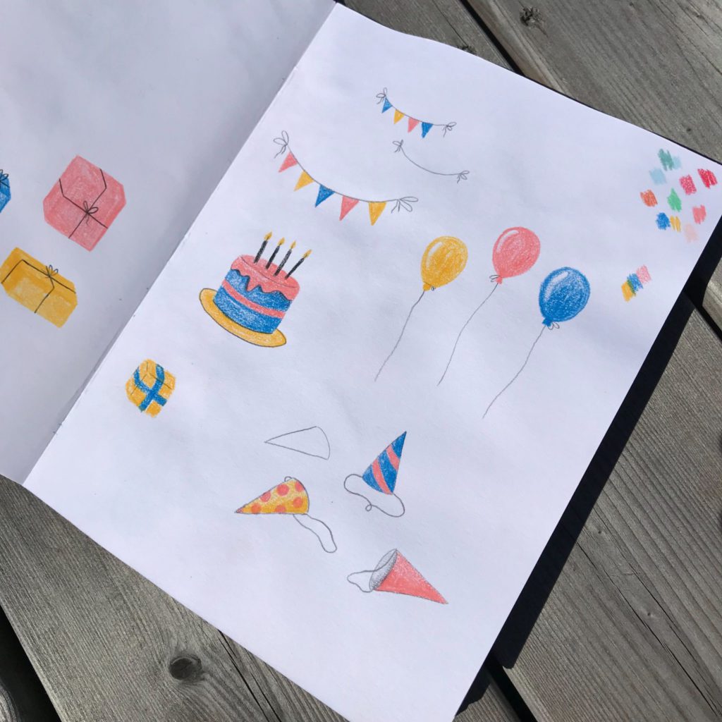 Dessins de ballons, fanions et gâteau d'anniversaire