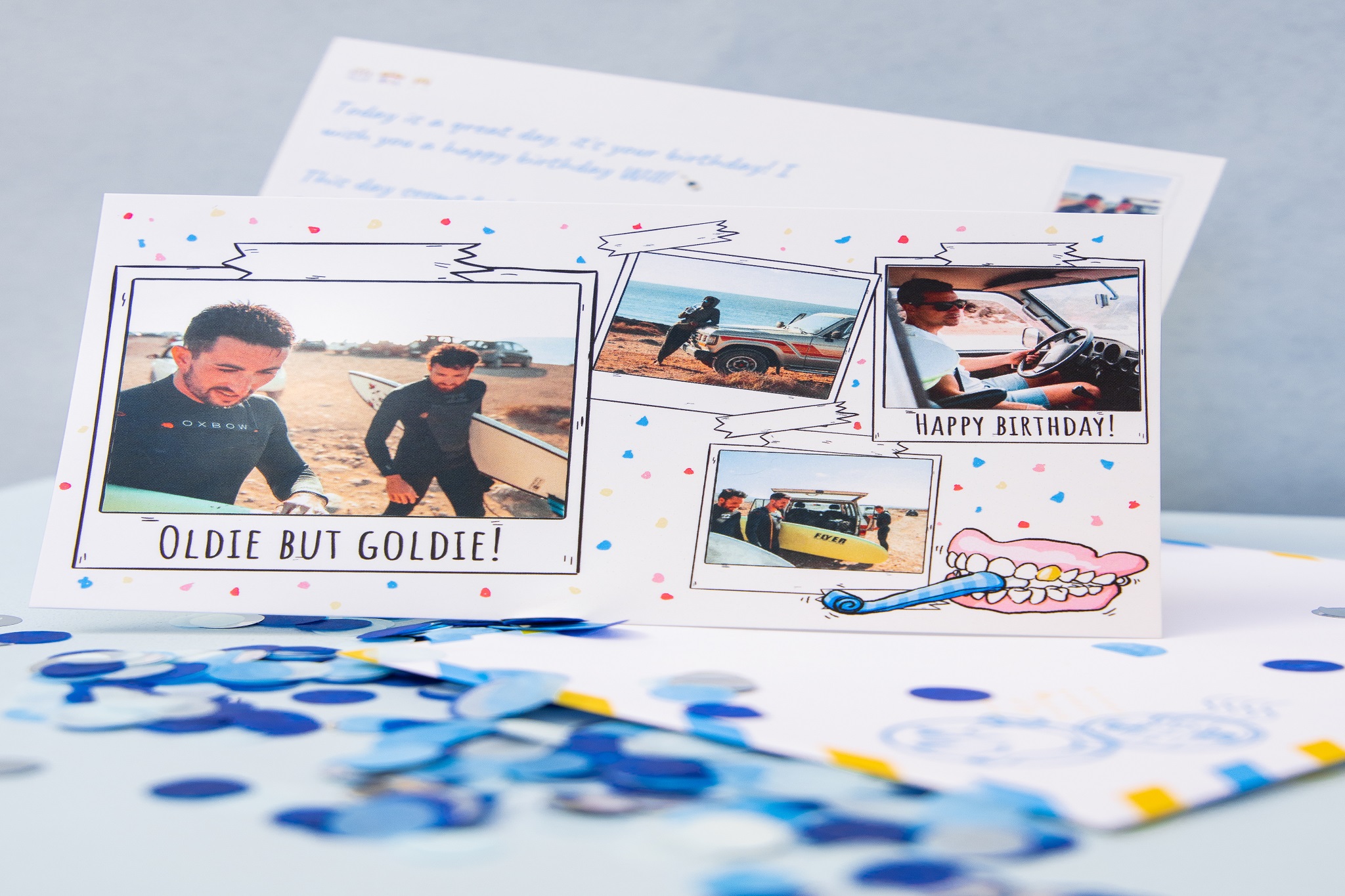carte anniversaire avec quatre photos sur confetti