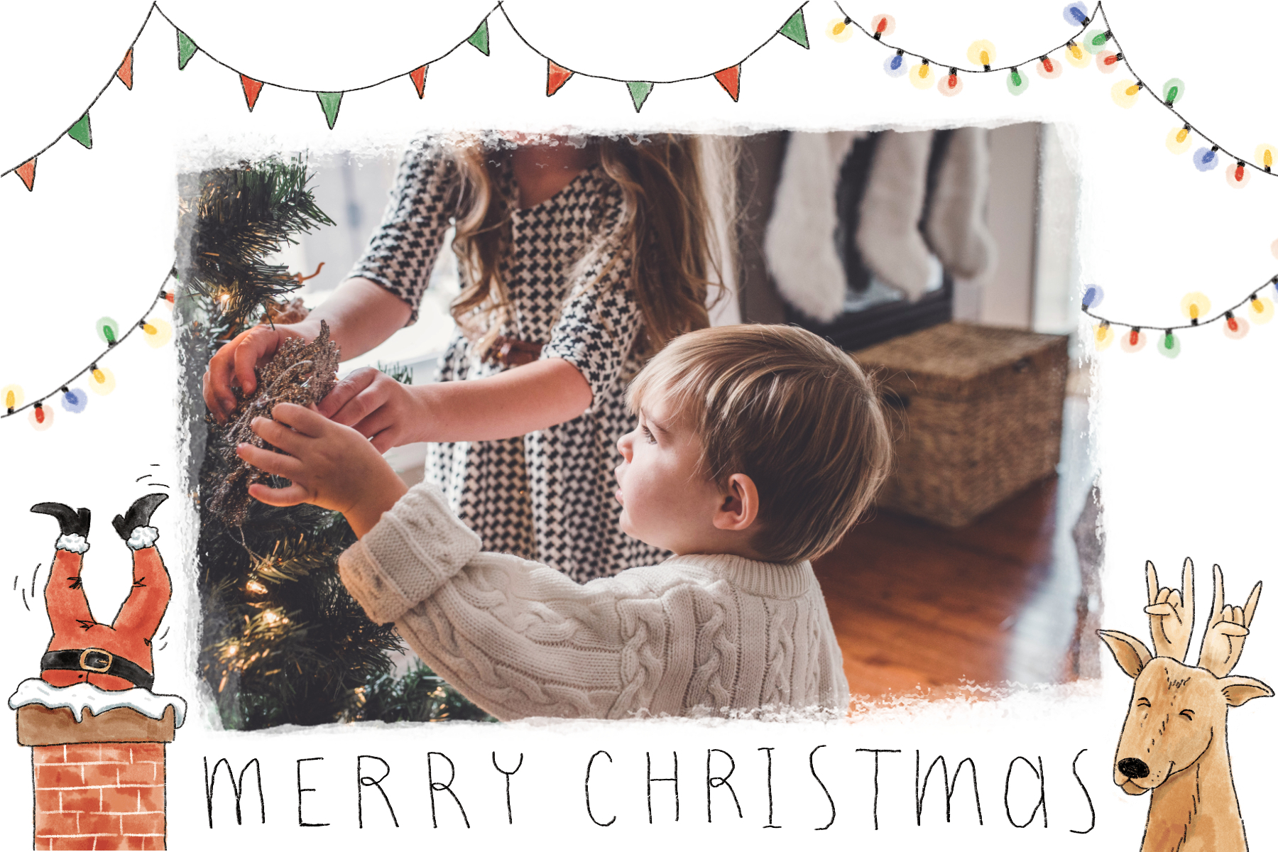 Merry Christmas card with fireplace and garland