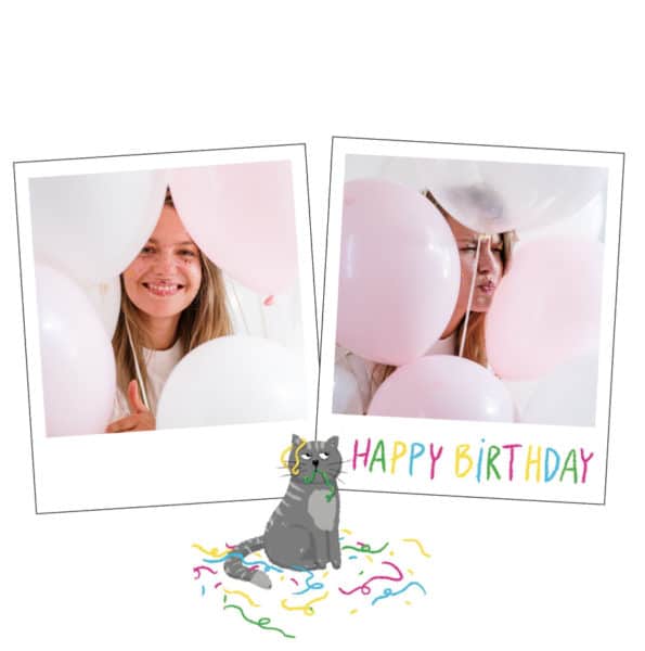 Carte happy birthday avec chat et cotillons
