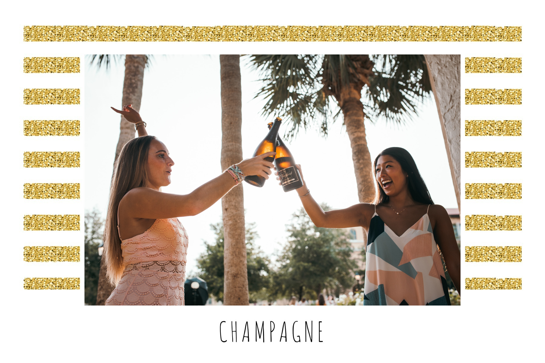Gold and white invitation with champagne