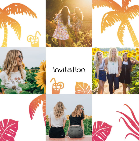 invitation for women with orange and pink palm trees