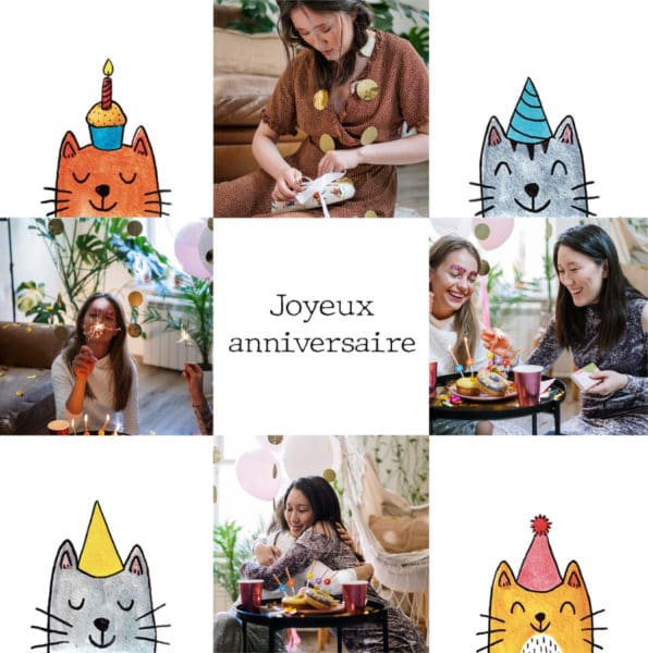 carte joyeux anniversaire avec chats et chapeaux