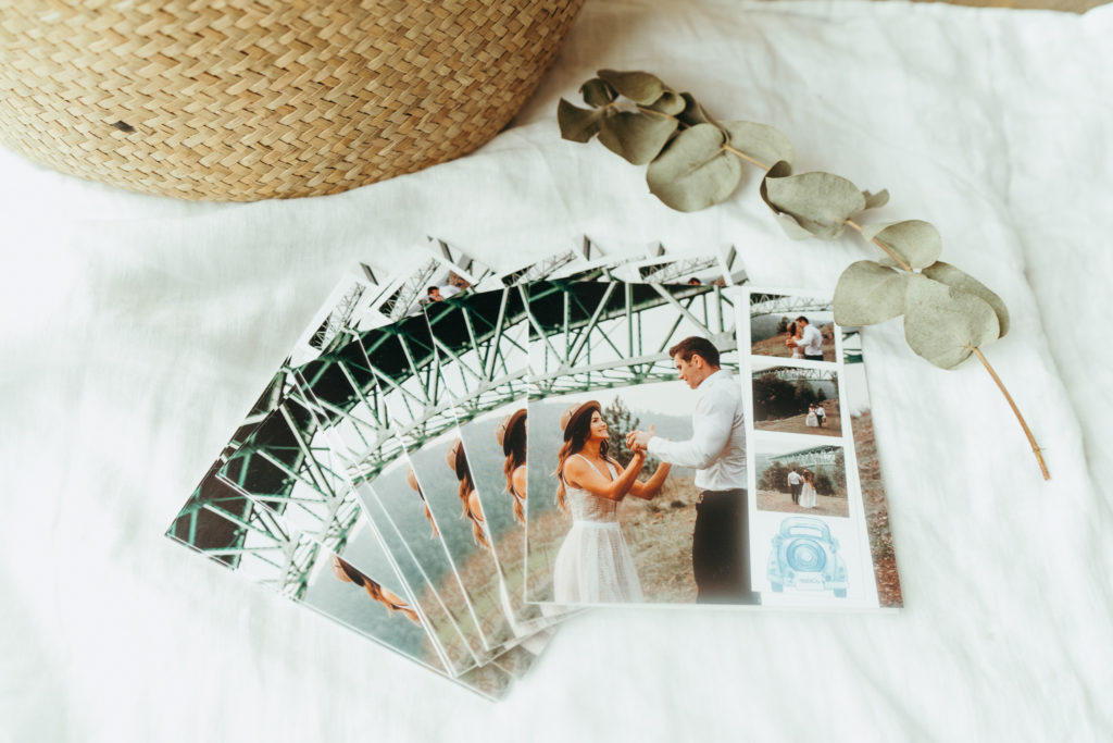 set of bohemian wedding invitations with vintage car