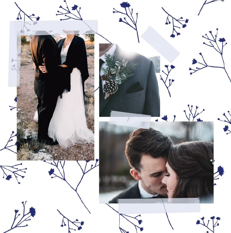 faire-part mariage hiver fleurs bleus trois photos