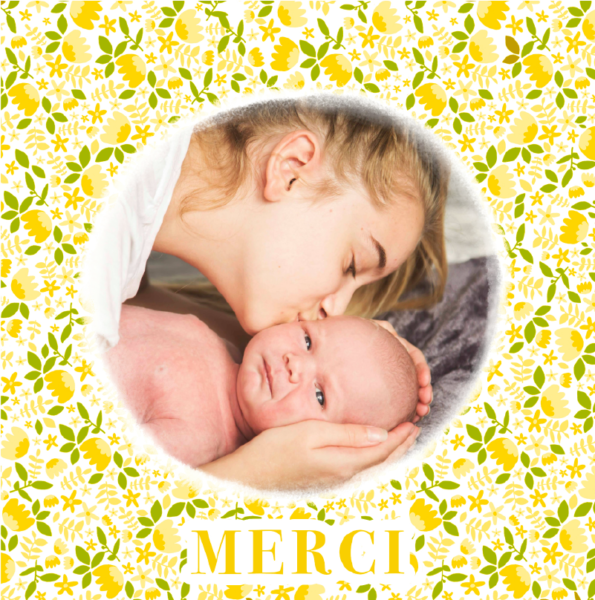 carte remerciements naissance motif libertie jaune