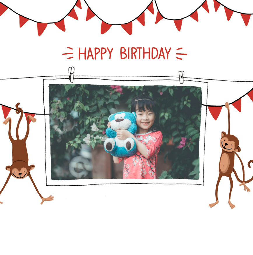 girl birthday card with picture and monkeys