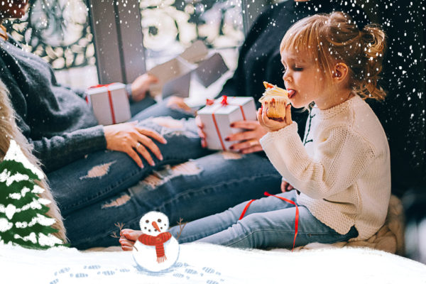 snowman card with girl and cupcake