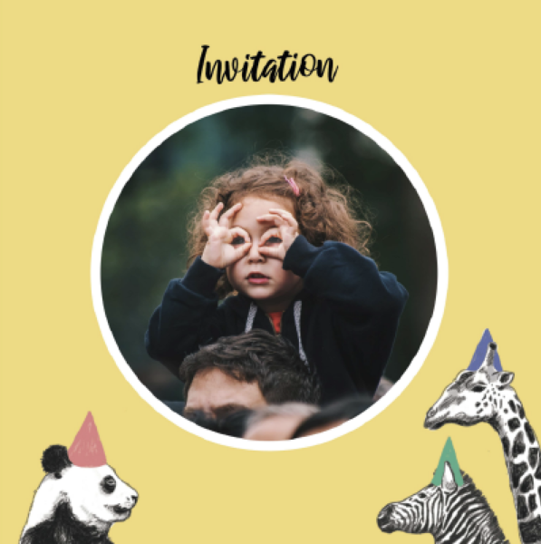 yellow invitation with panda, girafe and zebra