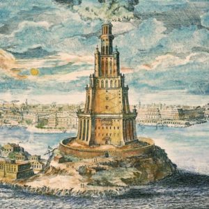 Gravur des Leuchtturms von Alexandria, 7 Weltwunder der Antike