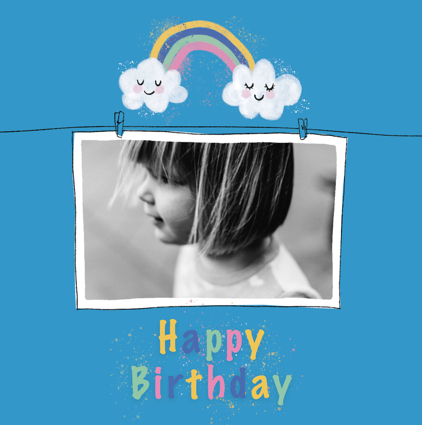 happy birthday card with blue photo with cloud
