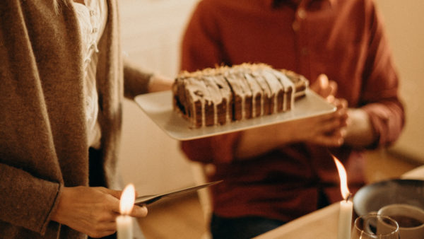 Family eating their Christmas log