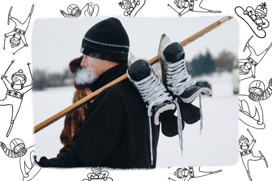 card with men on skis and snowboards