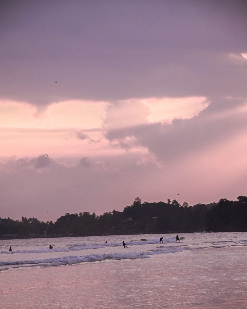 Plage et surfeurs dans la baie de Weligama Sri Lanka