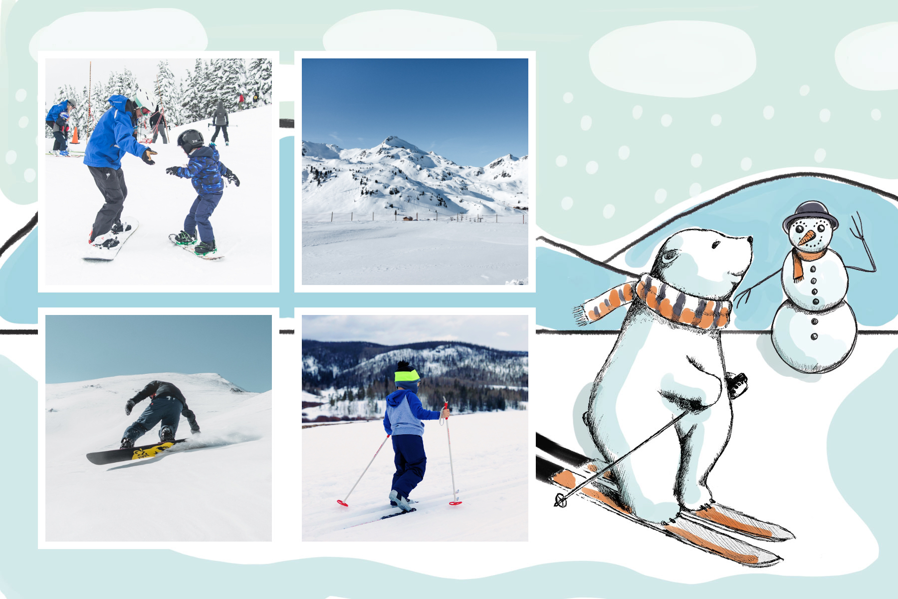 polar bear on ski and snowman