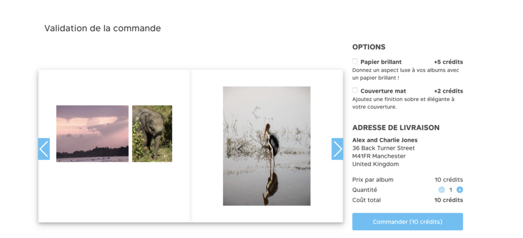 Validation de l'album photo et des dernieres options de personnalisation